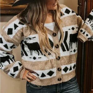 Western Tan and Black Cow Patterned Sweater